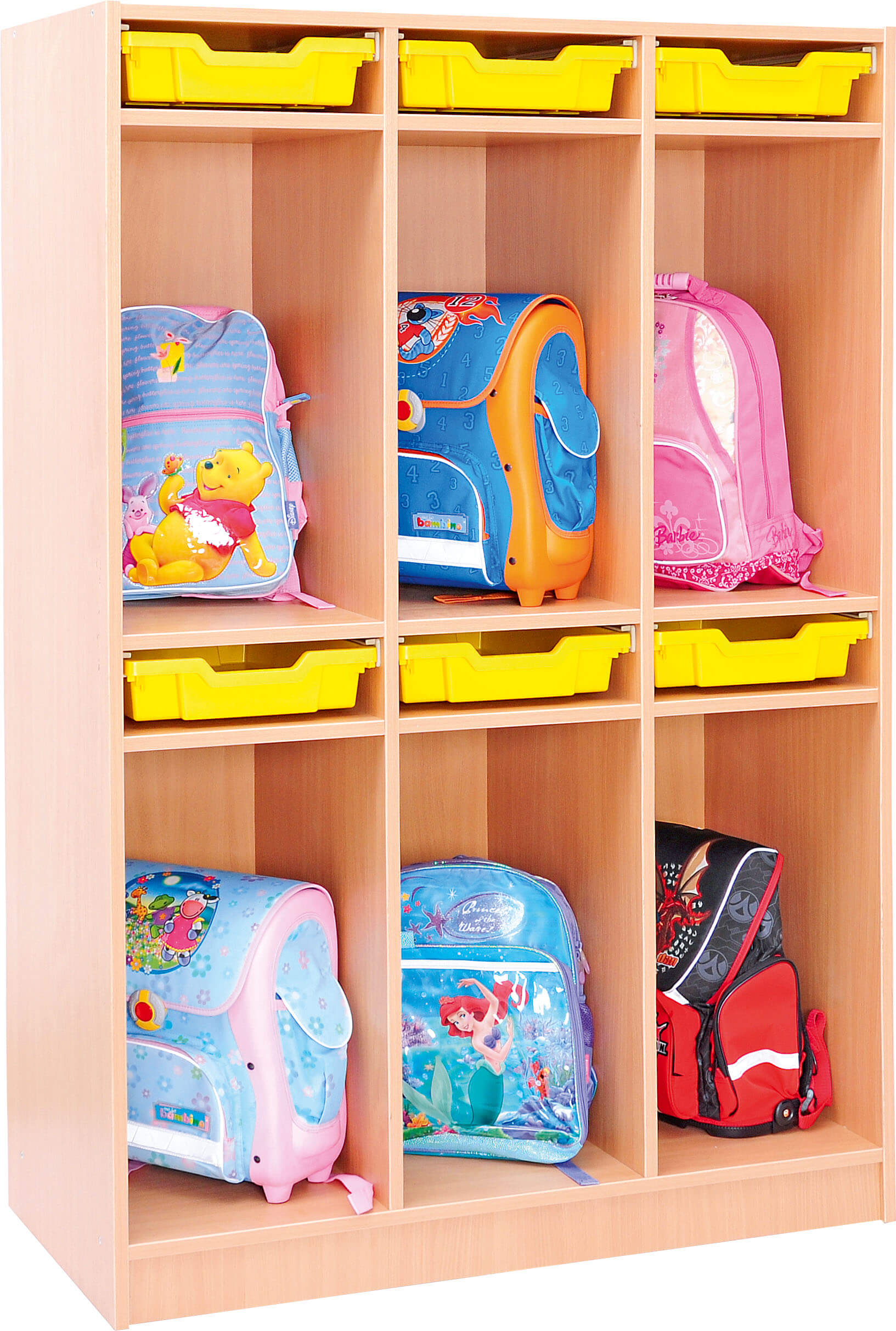 Schultaschenregal / Garderobe, 6 Einheiten, mit Containern( versch. Farben )