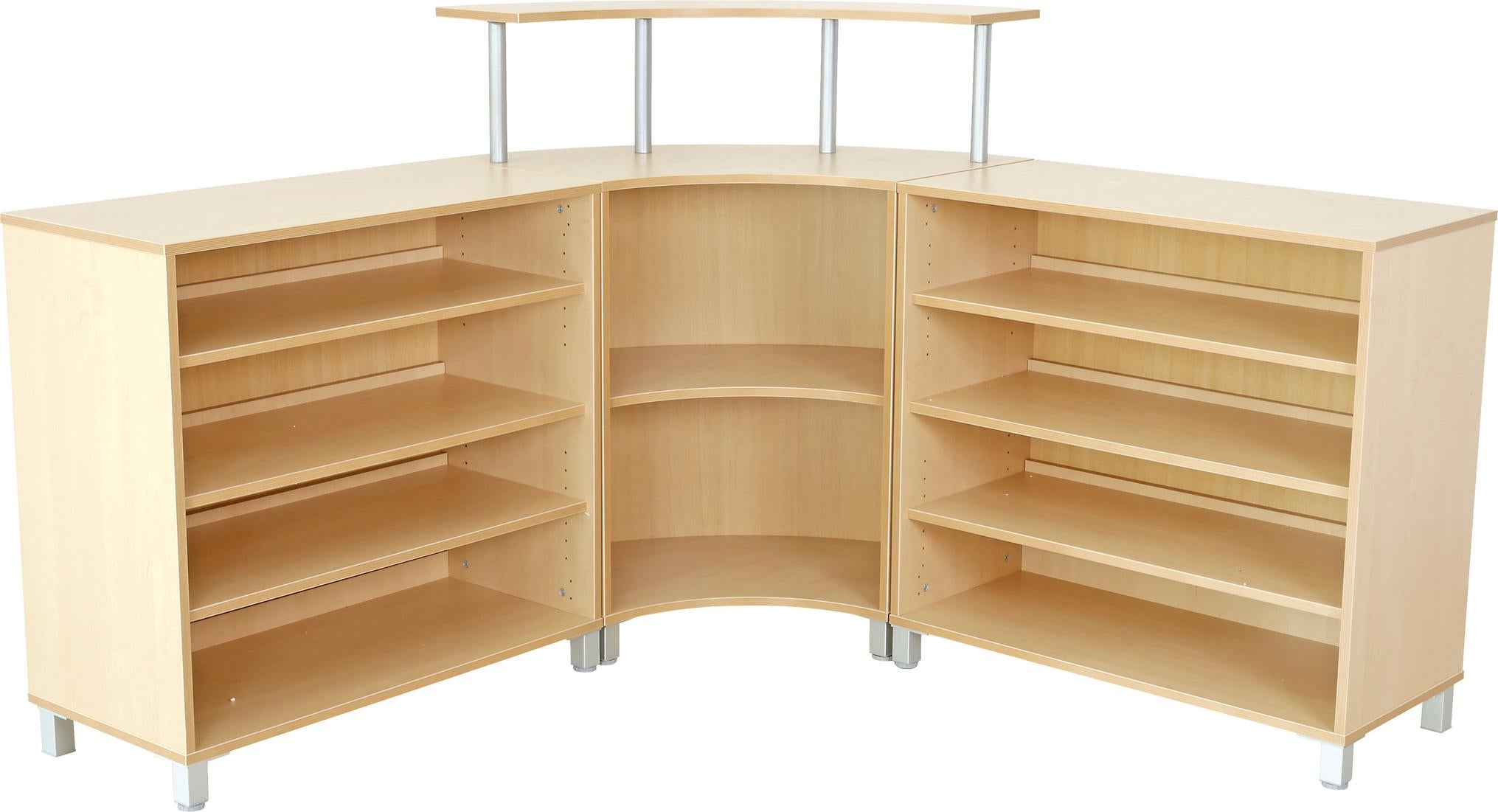 Flexi Empfangstheke mit Stauraum, moderne Rezeption in Birke-Dekor.