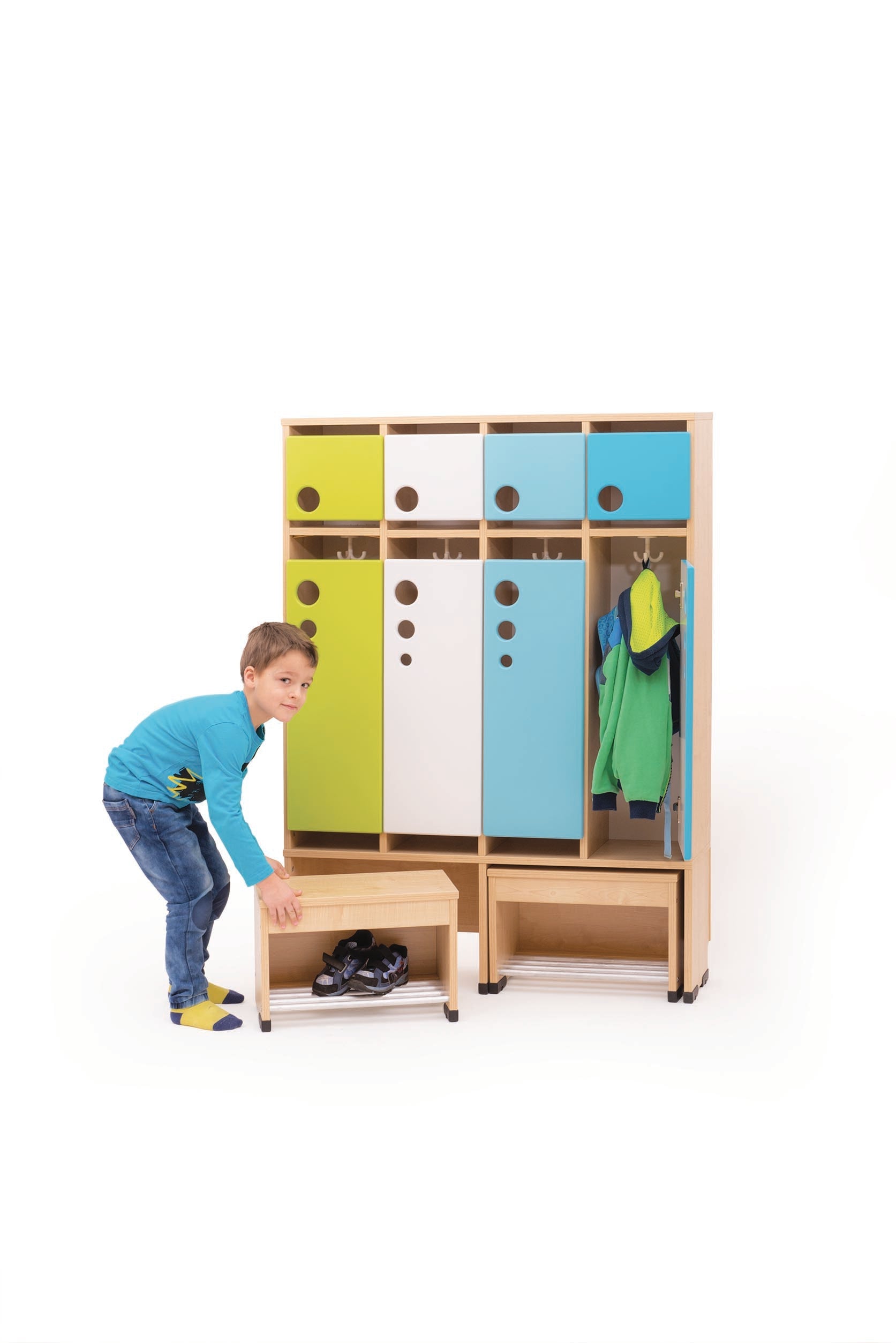 Garderobe Bubble-Serie mit ausziehbarer Bank, schwer entflammbar Konfigurierbar - versch. Farben und Größen