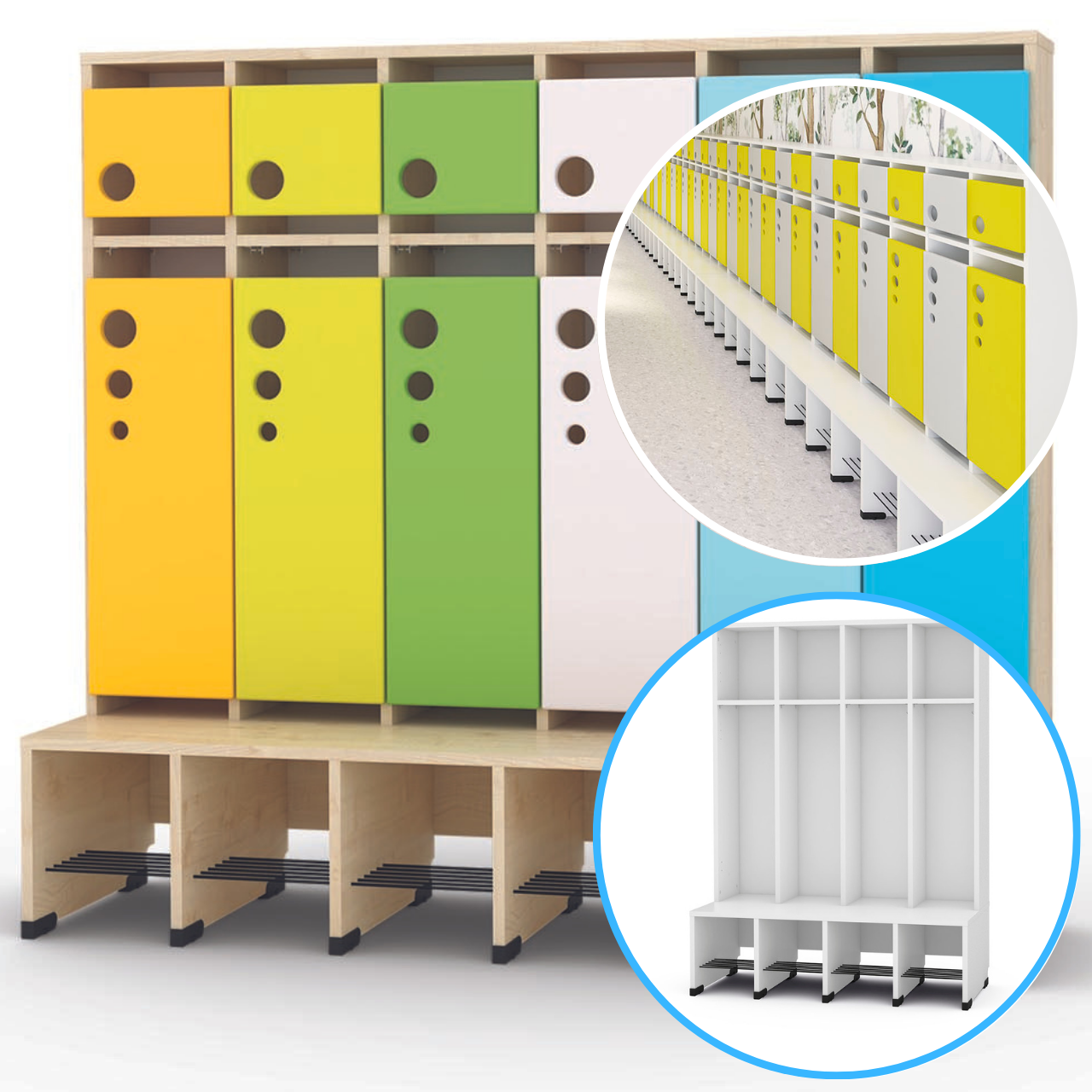 Garderobe Bubble-Serie mit Bank, Konfigurierbar - versch. Farben. Geeignet für Kita, Kindergarten und Schule.