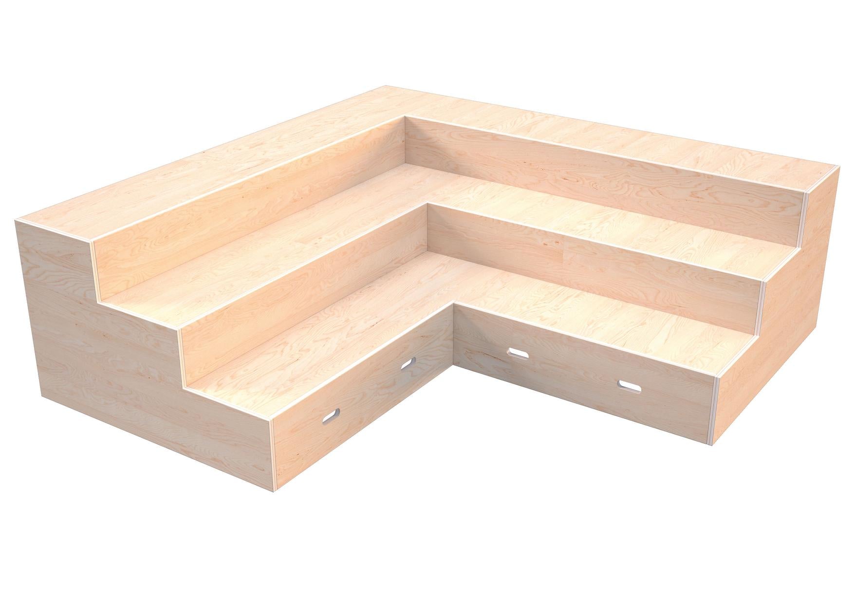 Stufenpodest/Sitzecke in Holzoptik, L-förmig und flexibel.