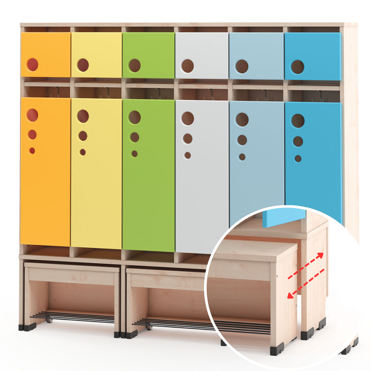 Garderobe Bubble-Serie mit ausziehbarer Bank, Konfigurierbar - versch. Farben und Größen