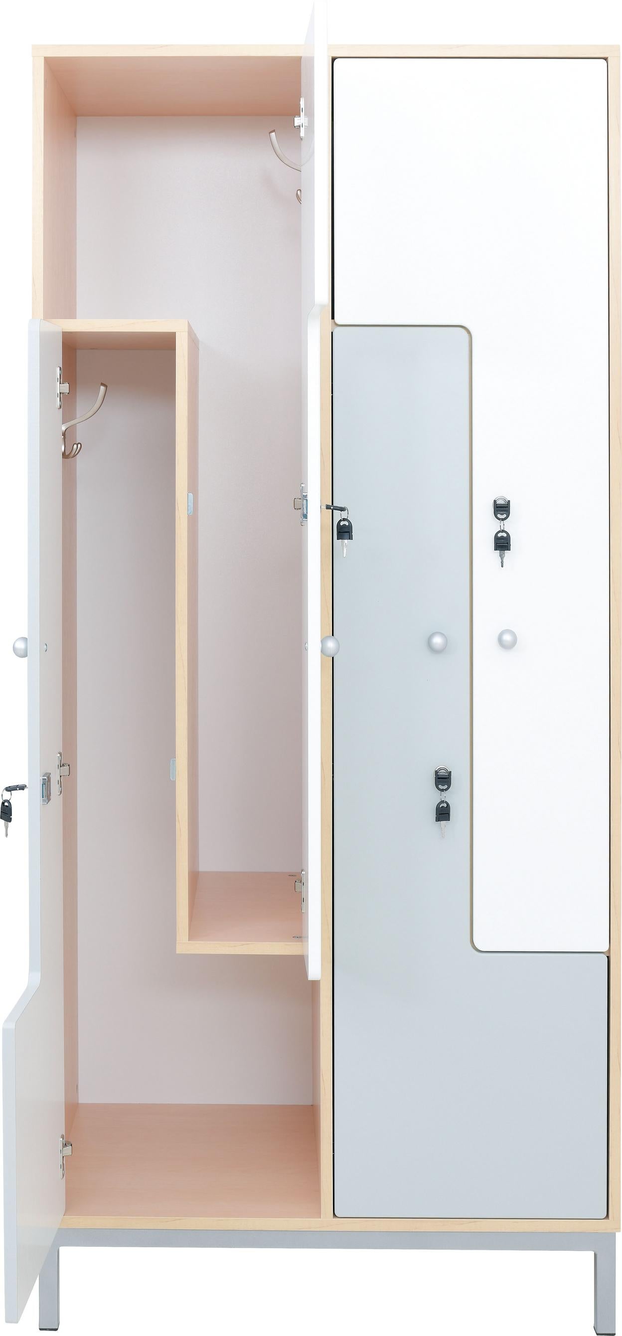 Kleiderschrank für Personal, Erzieher oder Schüler, offen, mit Fächern.