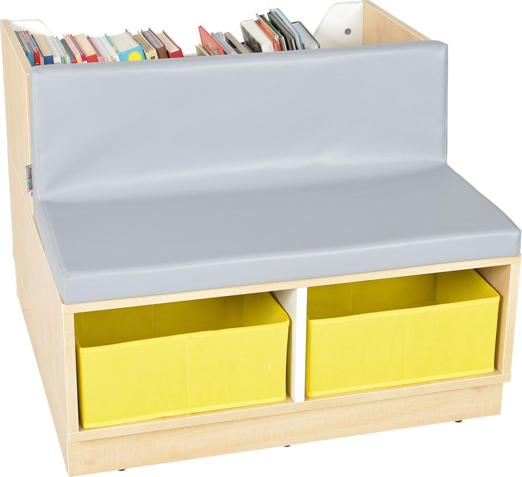 "Bücherbank in Leseecke: Praktisch, bequem, vielseitig, fröhliche Farben." - Produkt wird im Kindergarten oder Schule genutzt.