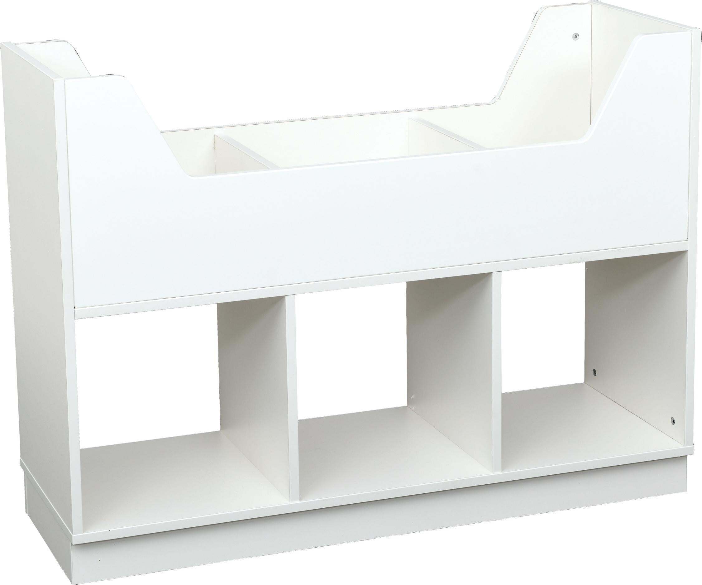 Elegantes Bücherregal mit Fächern, ideal für Kinderbereiche. - Produkt wird im Kindergarten oder Schule genutzt.