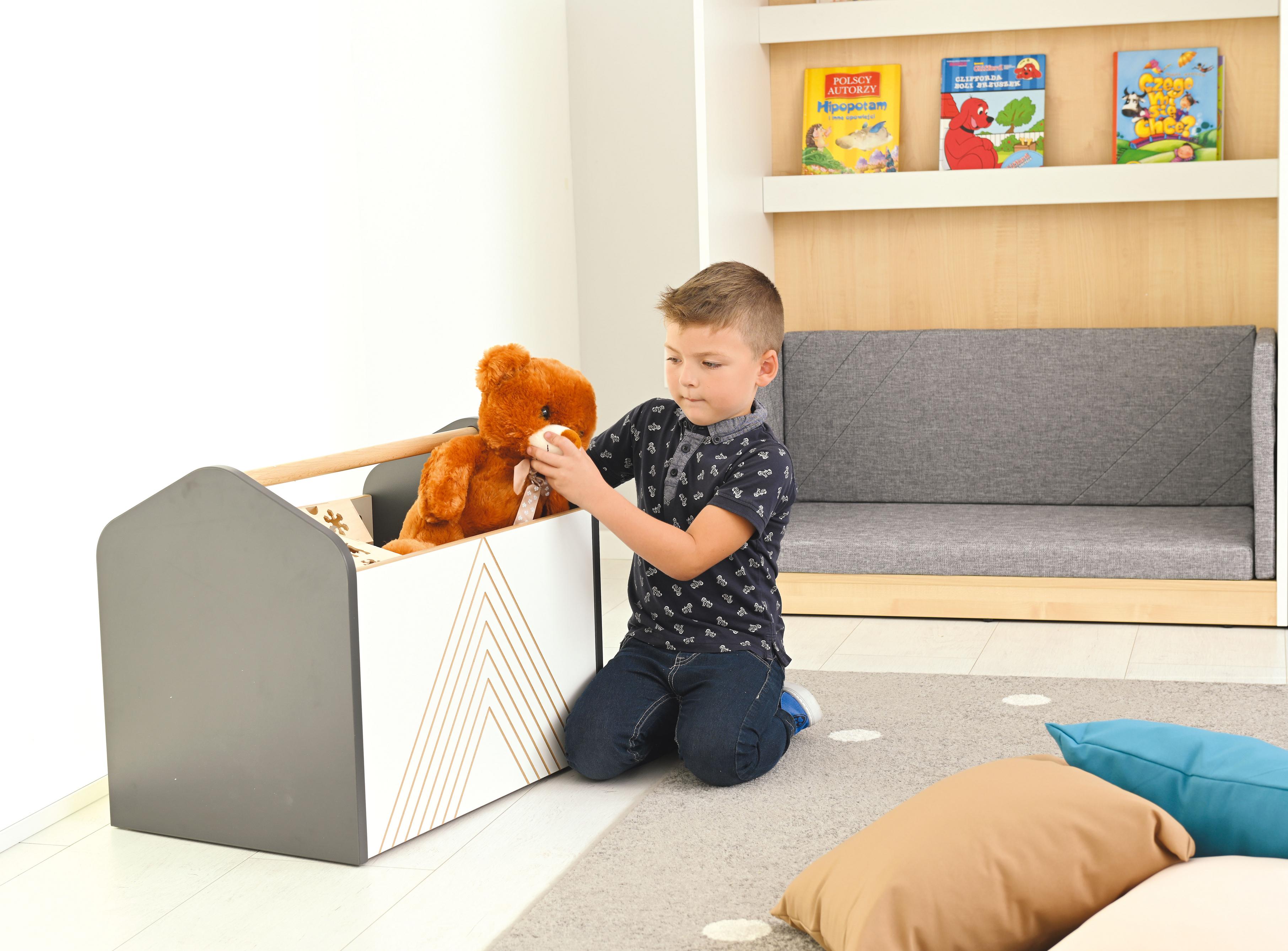 FLO Rollbehälter für Bücher mit Tragegriff – Praktisch & Stilvoll - Produkt wird im Kindergarten oder Schule genutzt.