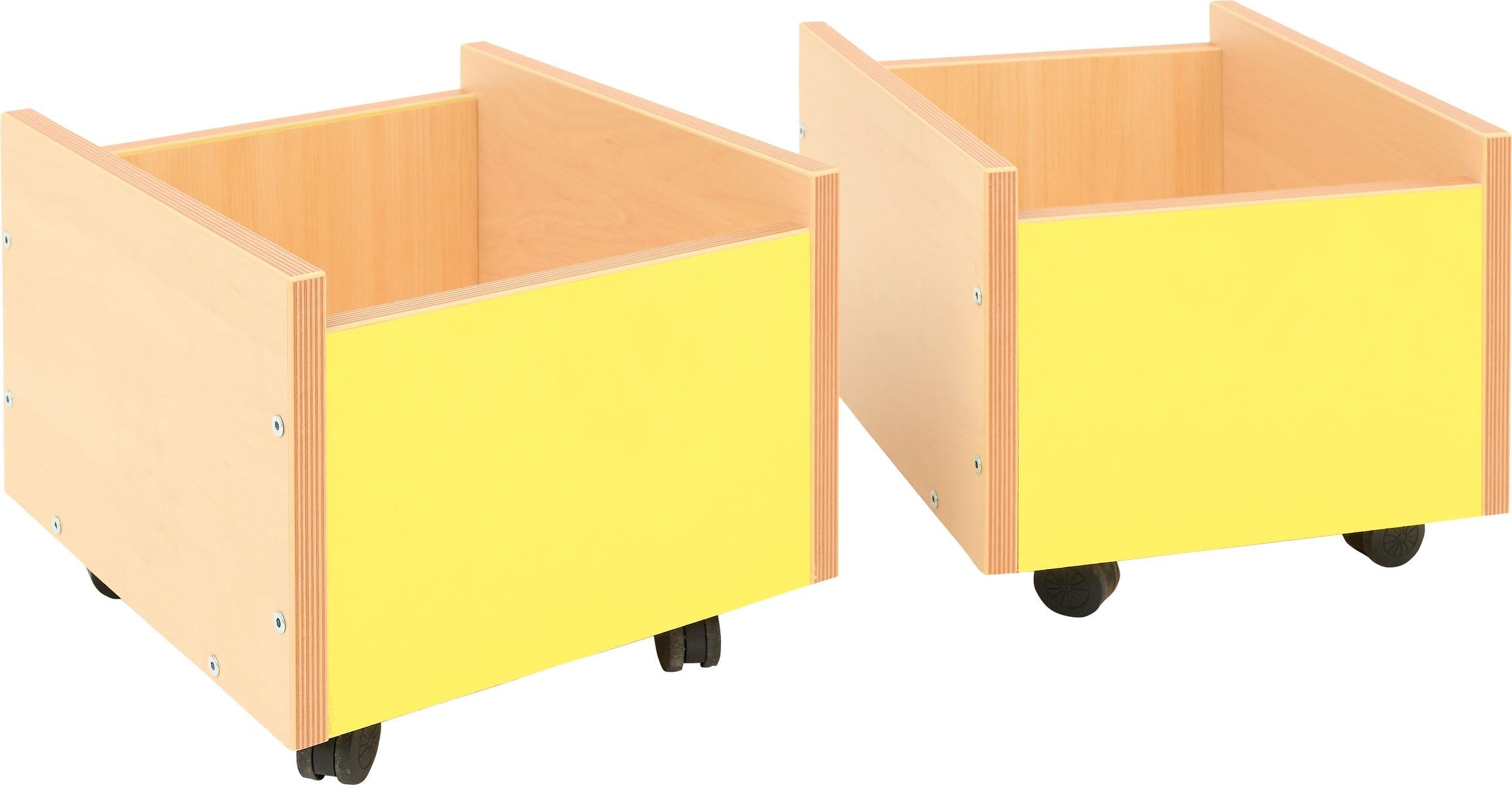 Flexi Rollbehälter mit Rollen in leuchtend gelb. - Produkt wird im Kindergarten oder Schule genutzt.