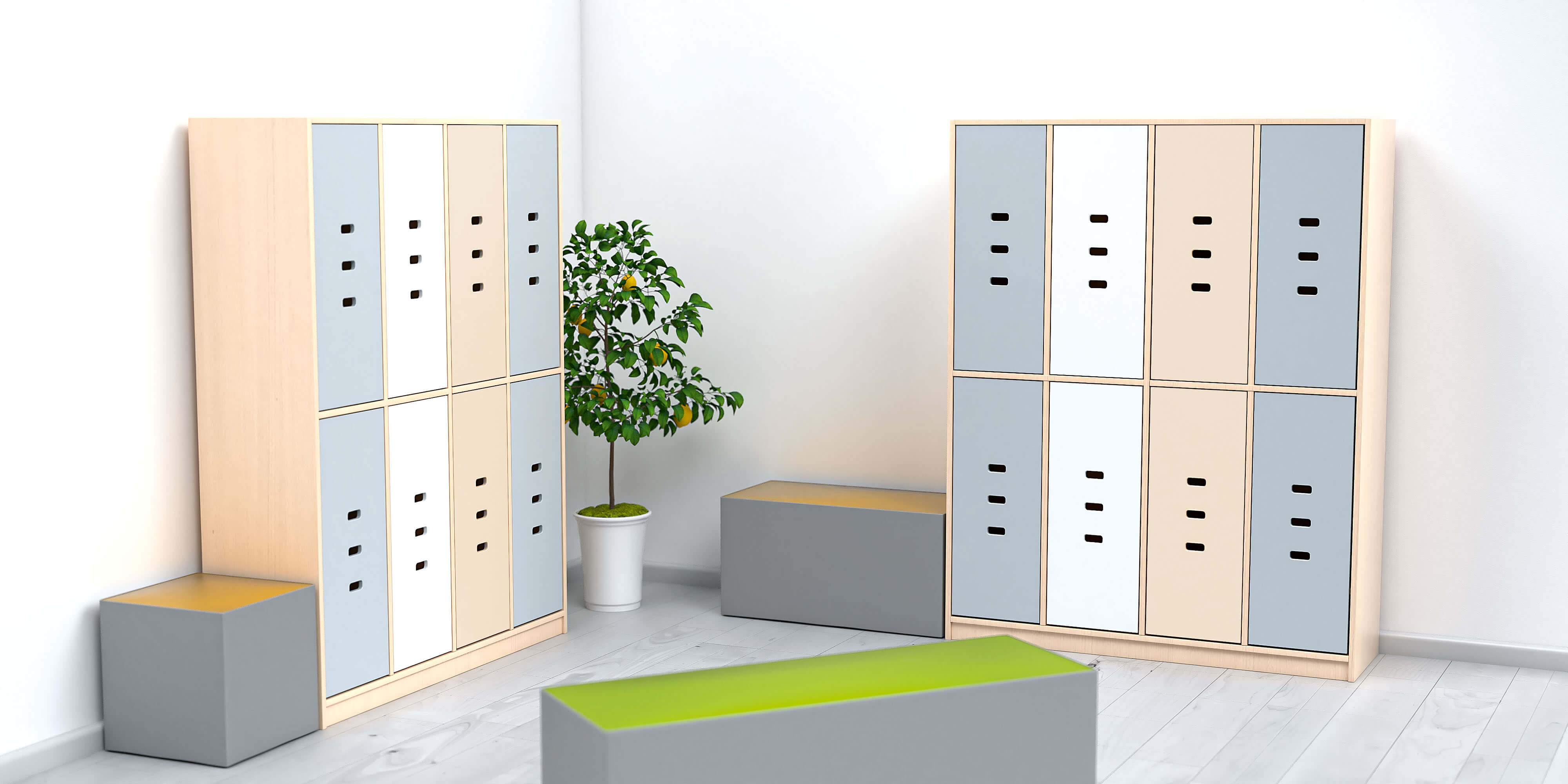 Garderobe Rainbow 2-8 Einheiten, optional mit Türen, 12 versch. Farben, versch. Höhen/Breiten. Geeignet für Kita, Kindergarten und Schule.