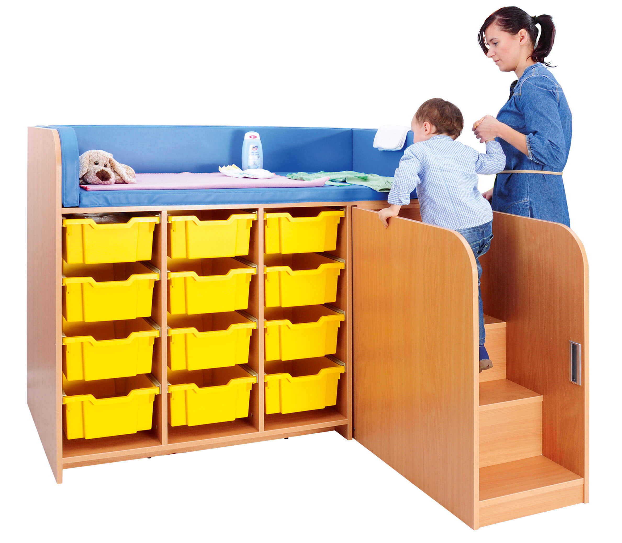 Große Wickelkommode mit Treppe inkl. Wickelauflage, Container optional, Treppe links o. rechts. Geeignet für die Krippe, Kita & Kindergarten.