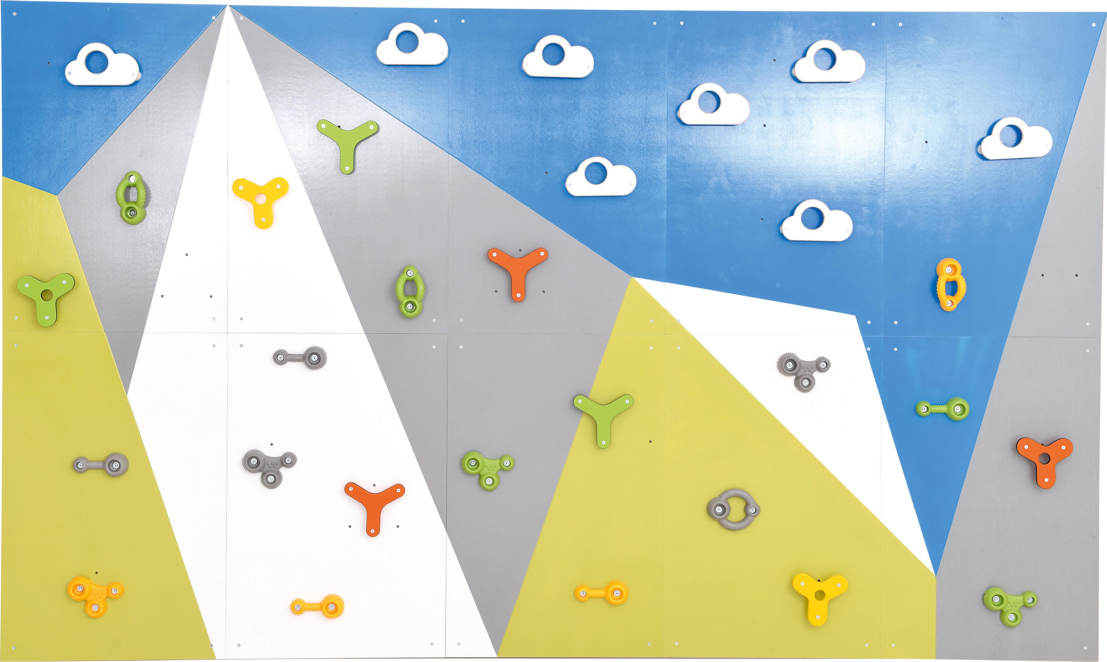 Kletterwand Berge – Bunte Klettergriffe auf farbenfroher Kletterwand.