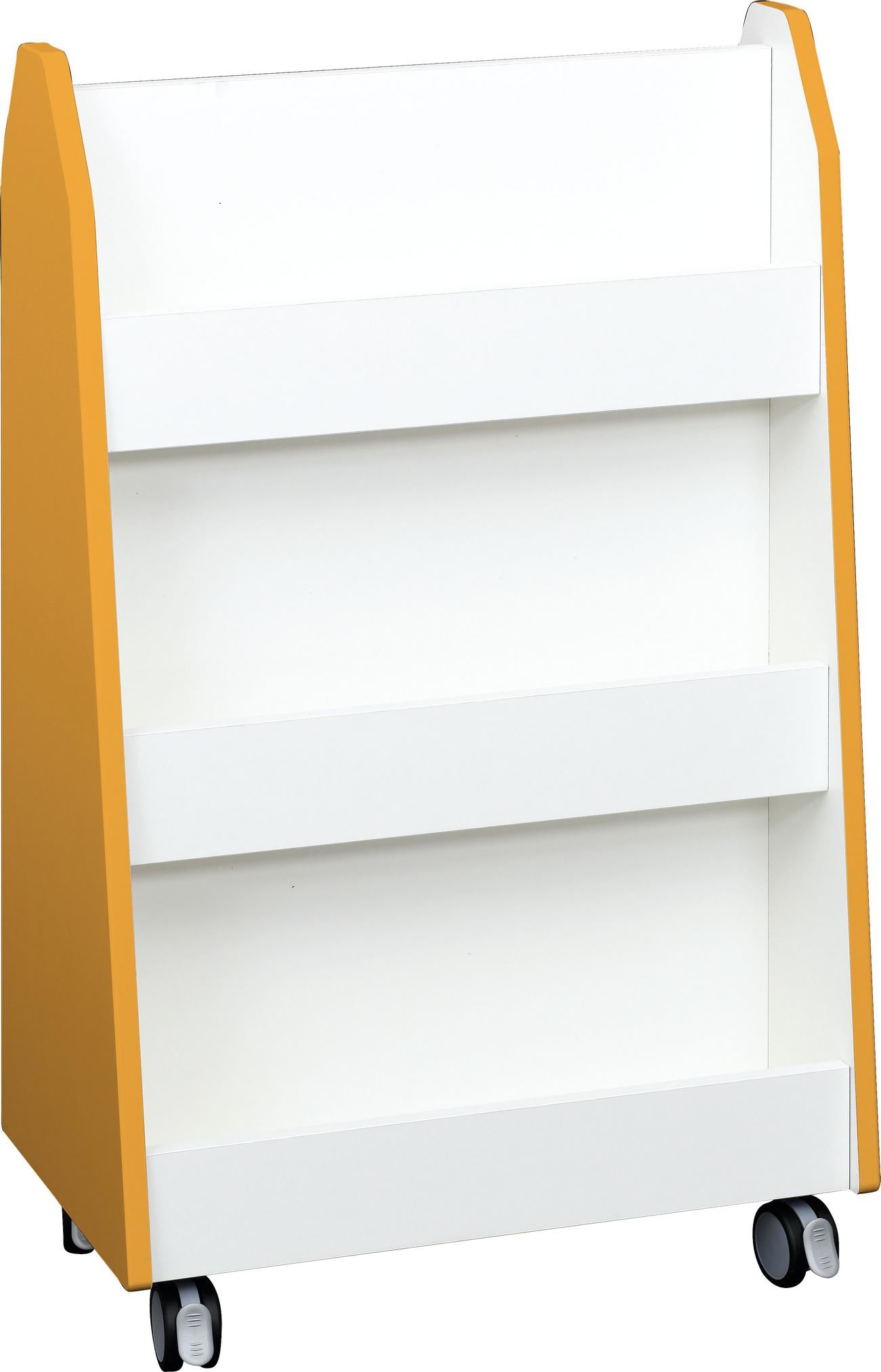 Mobiles zweiseitiges Bücherregal, Weiß und Gelb, auf Rollen. - Produkt wird im Kindergarten oder Schule genutzt.