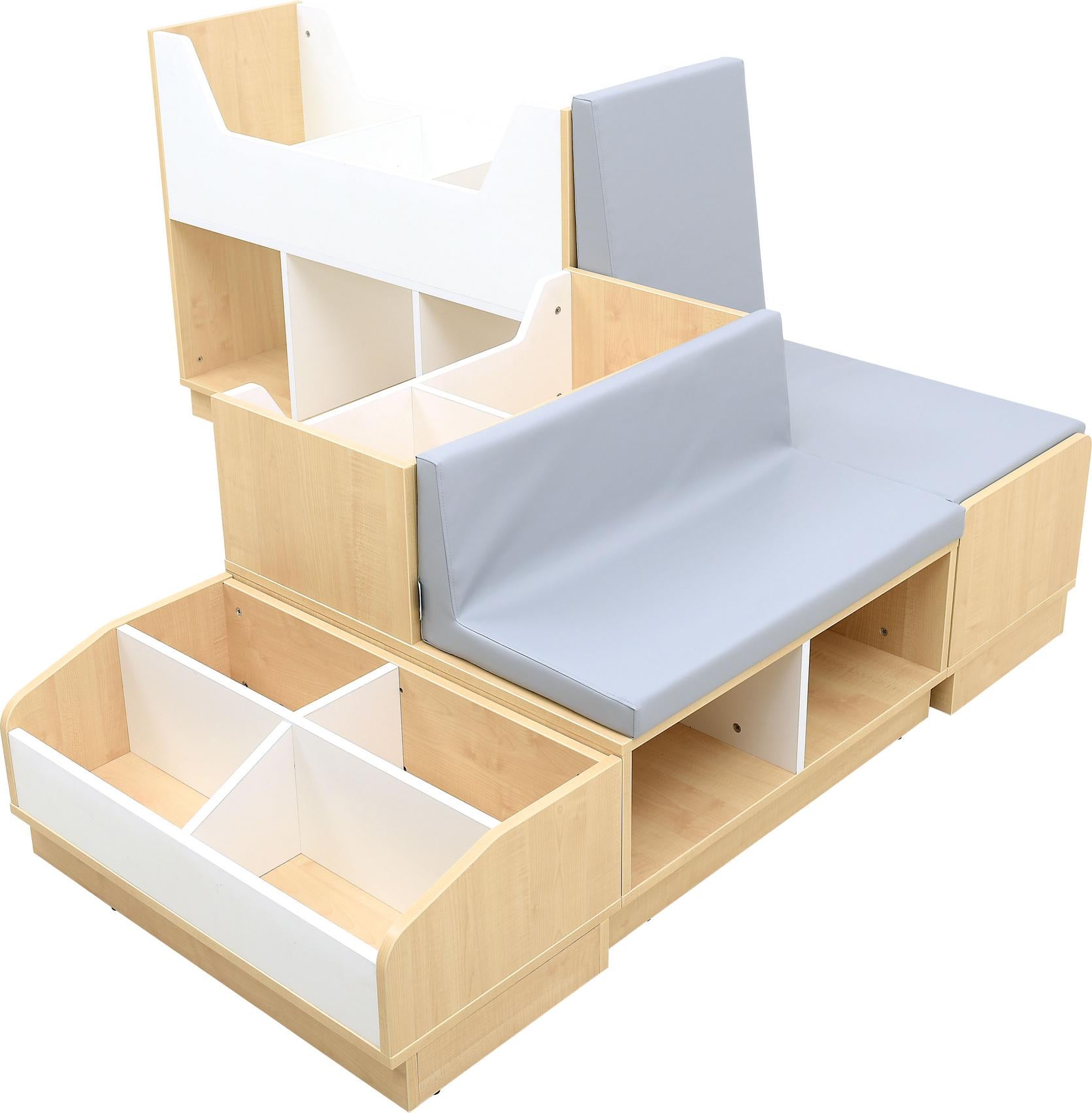 Quadro-Leseecke: Bücherbank mit Regalen für Kinder. - Produkt wird im Kindergarten oder Schule genutzt.