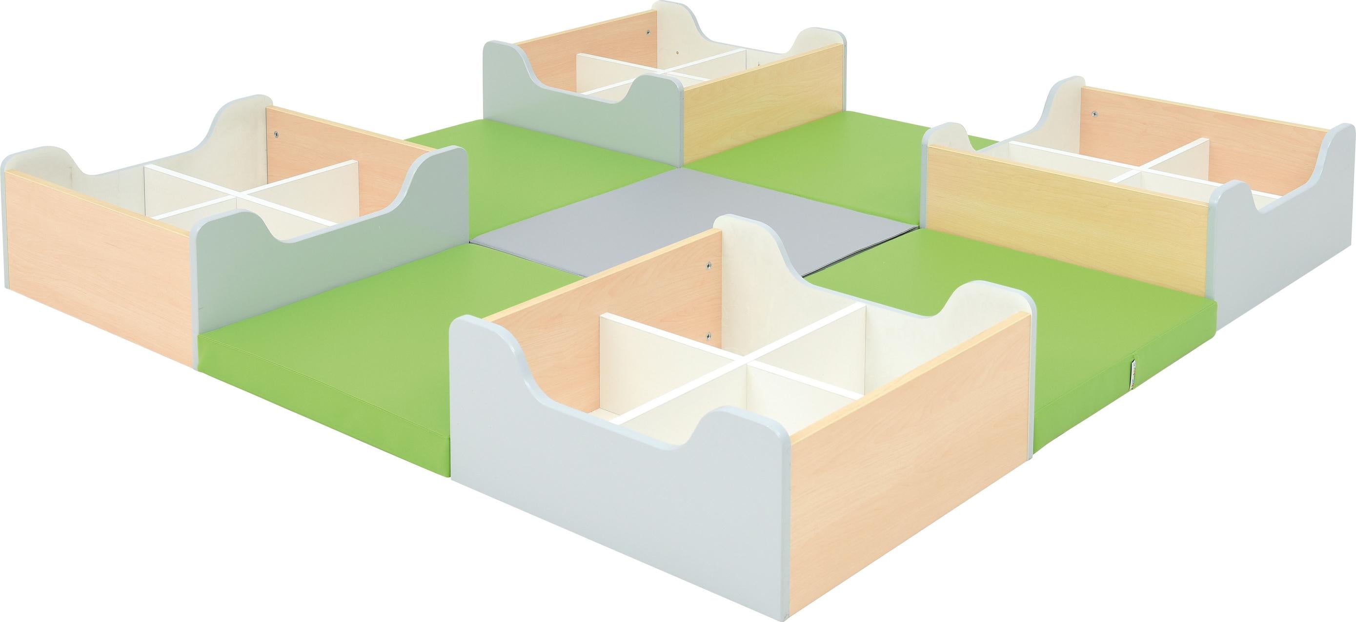 Quadro Leseecke mit Bücherkisten und Matten, Grün-Grau. - Produkt wird im Kindergarten oder Schule genutzt.