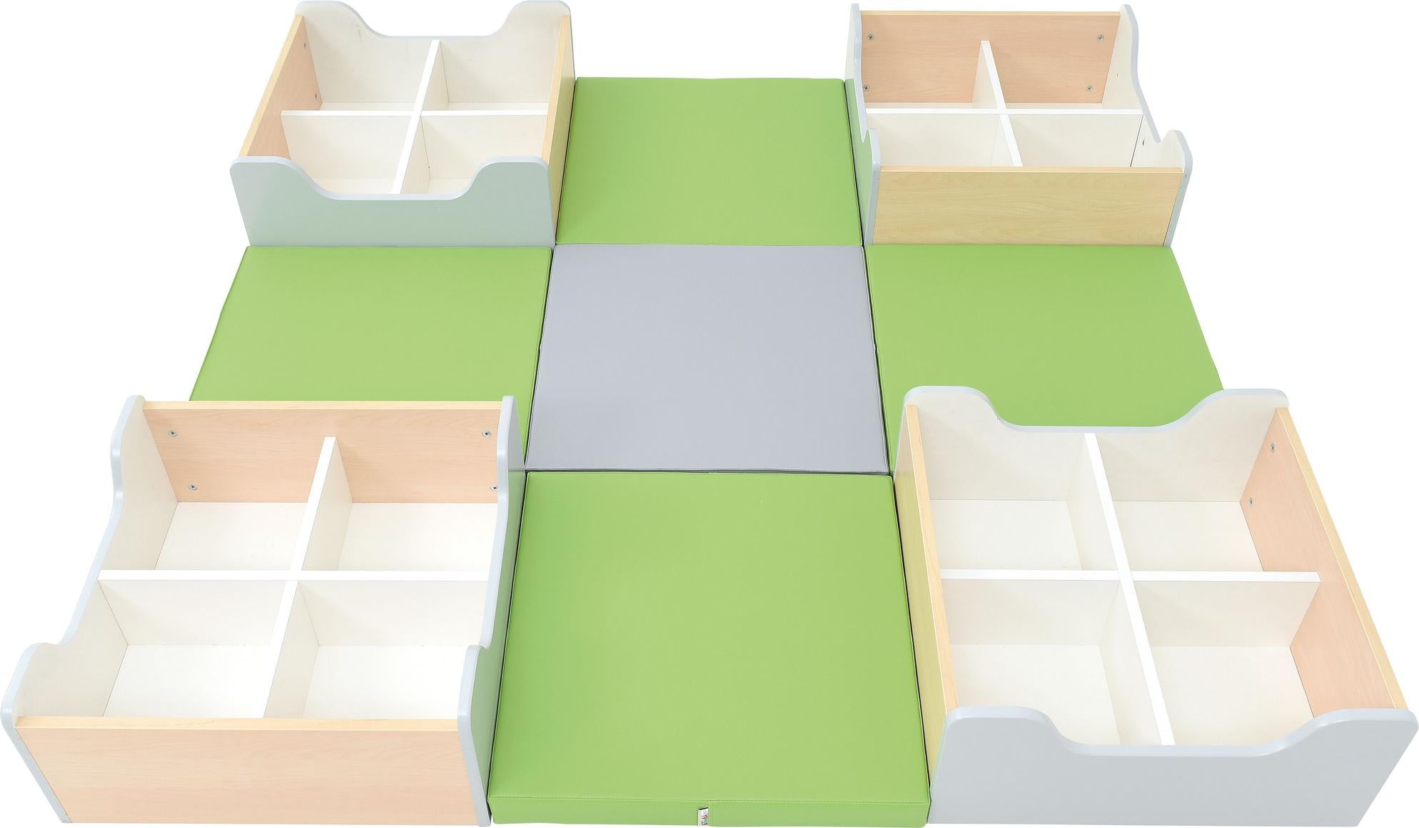 Quadro Leseecke mit Matten und Bücherkisten. - Produkt wird im Kindergarten oder Schule genutzt.