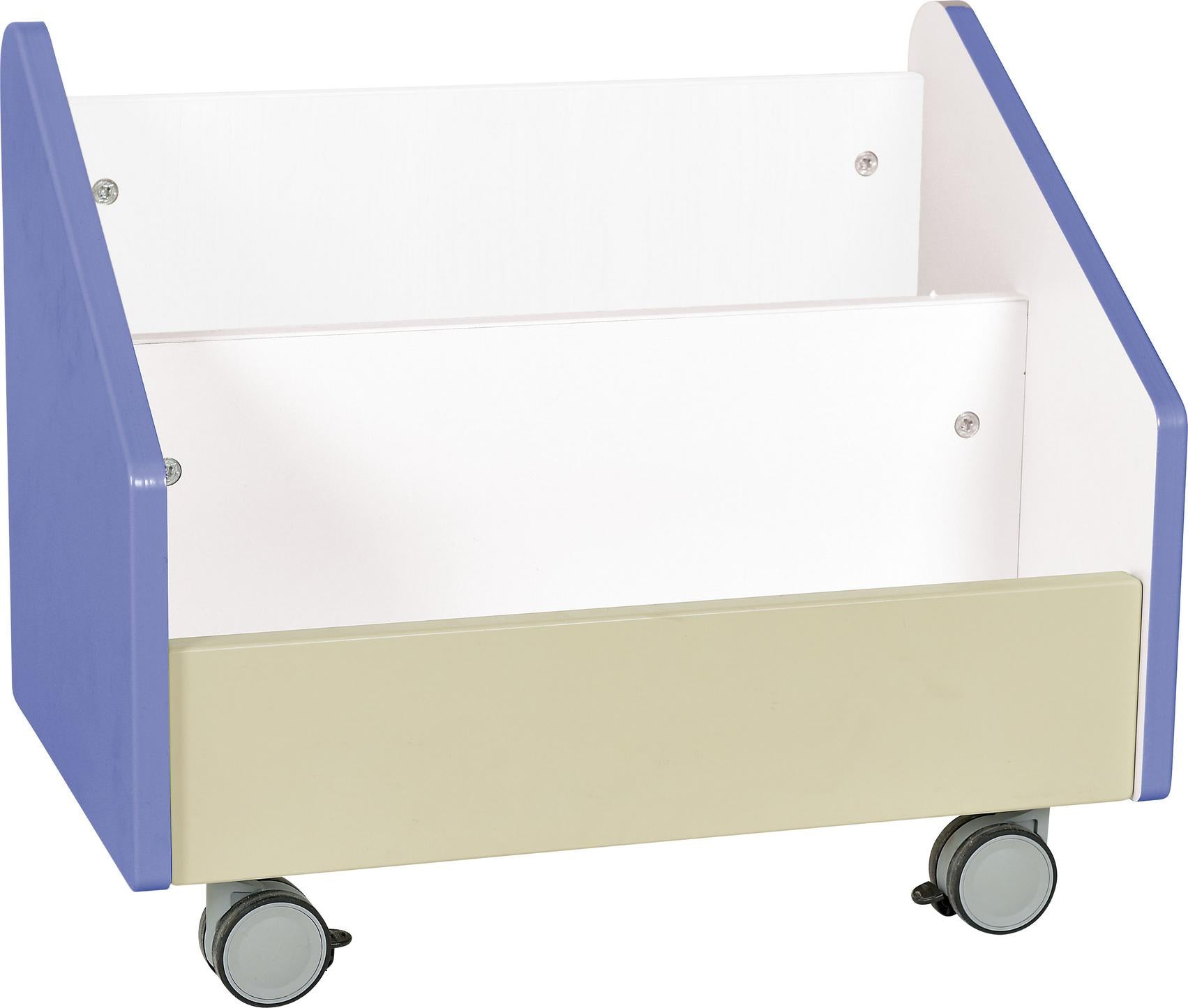 Rollbehälter für Bücher mit Rollen und farbigen Seiten. - Produkt wird im Kindergarten oder Schule genutzt.