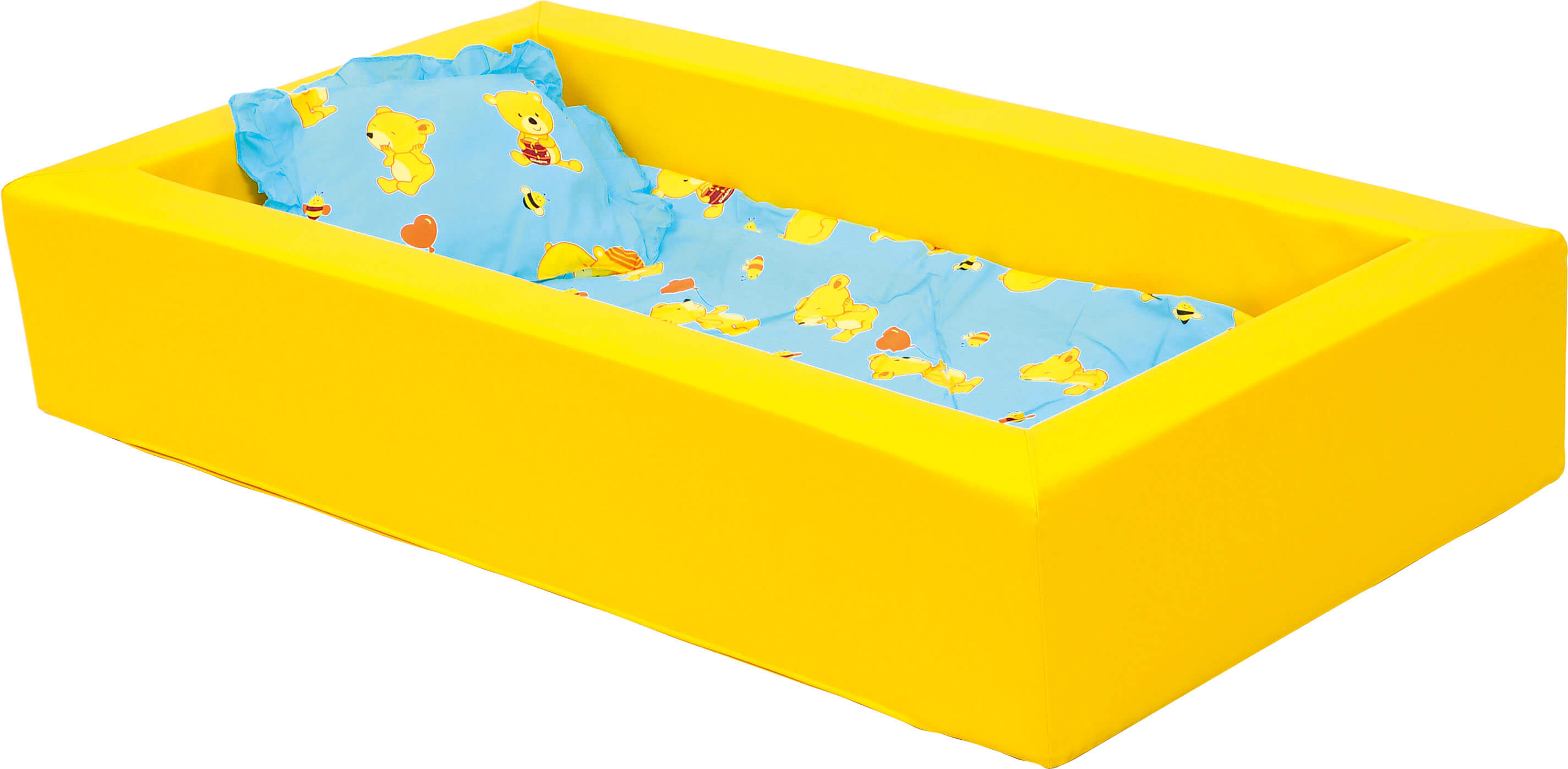 Ruheraum Krippenbett aus Schaumstoff gelb mit Bettwäsche