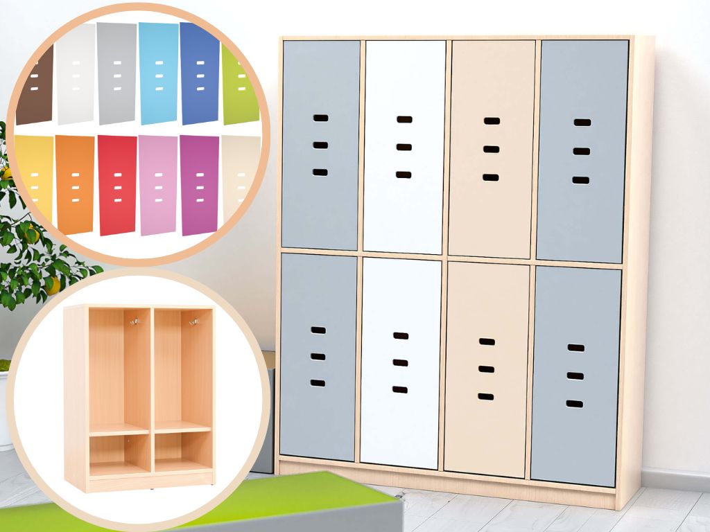 Garderobe Rainbow 2-8 eenheden, optioneel met deuren, 12 verschillende kleuren, verschillende hoogtes/breedtes