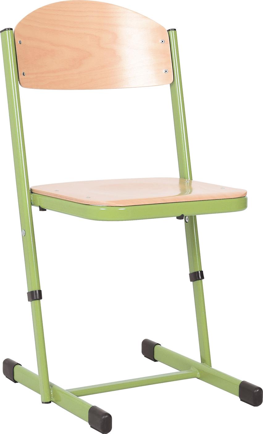 Schüler-Kufenstuhl mit grünem Metallgestell im Klassenraum.
