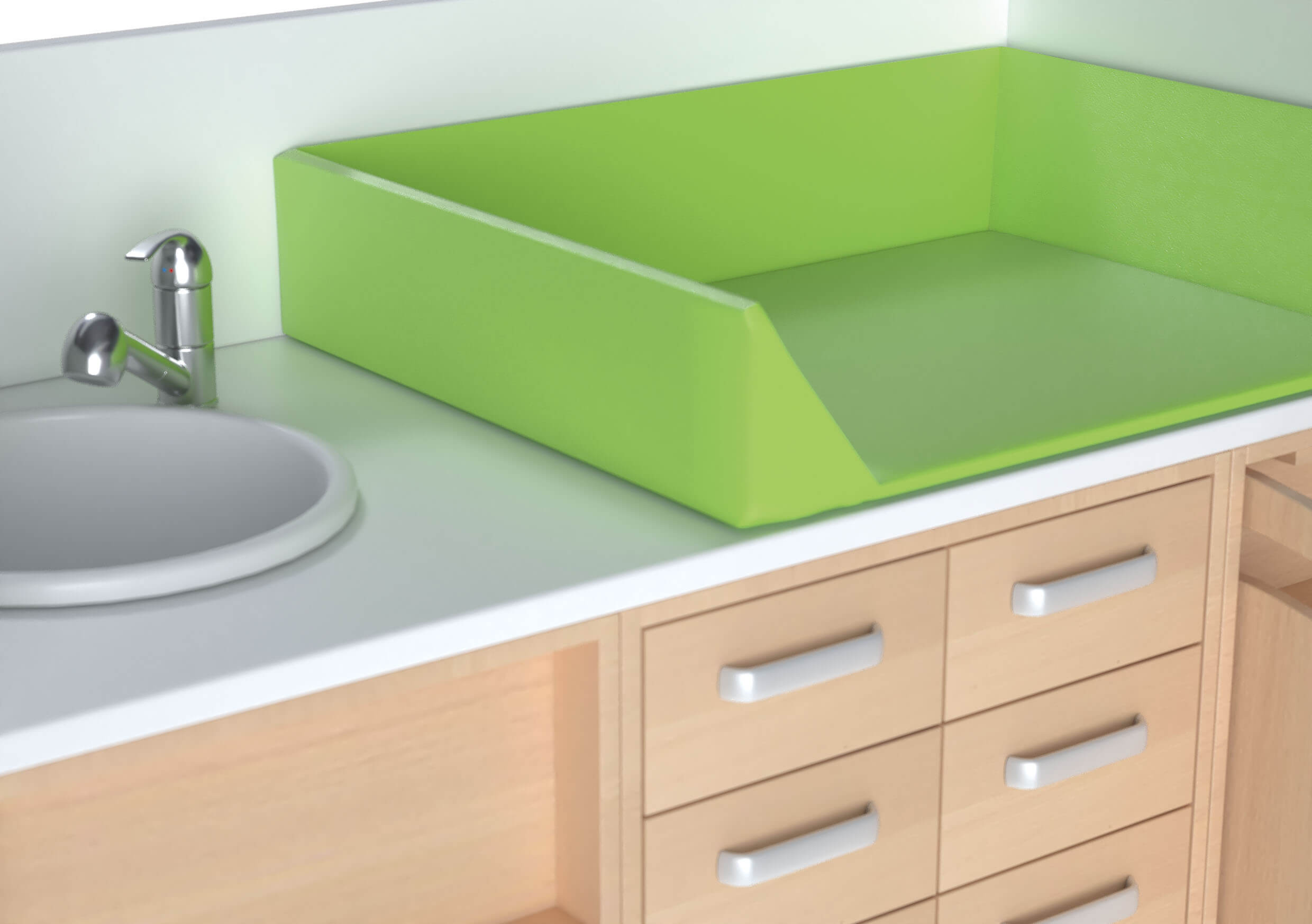 Wickelkommoden-Landschaft XL mit Waschbecken. Geeignet für die Krippe, Kita & Kindergarten.