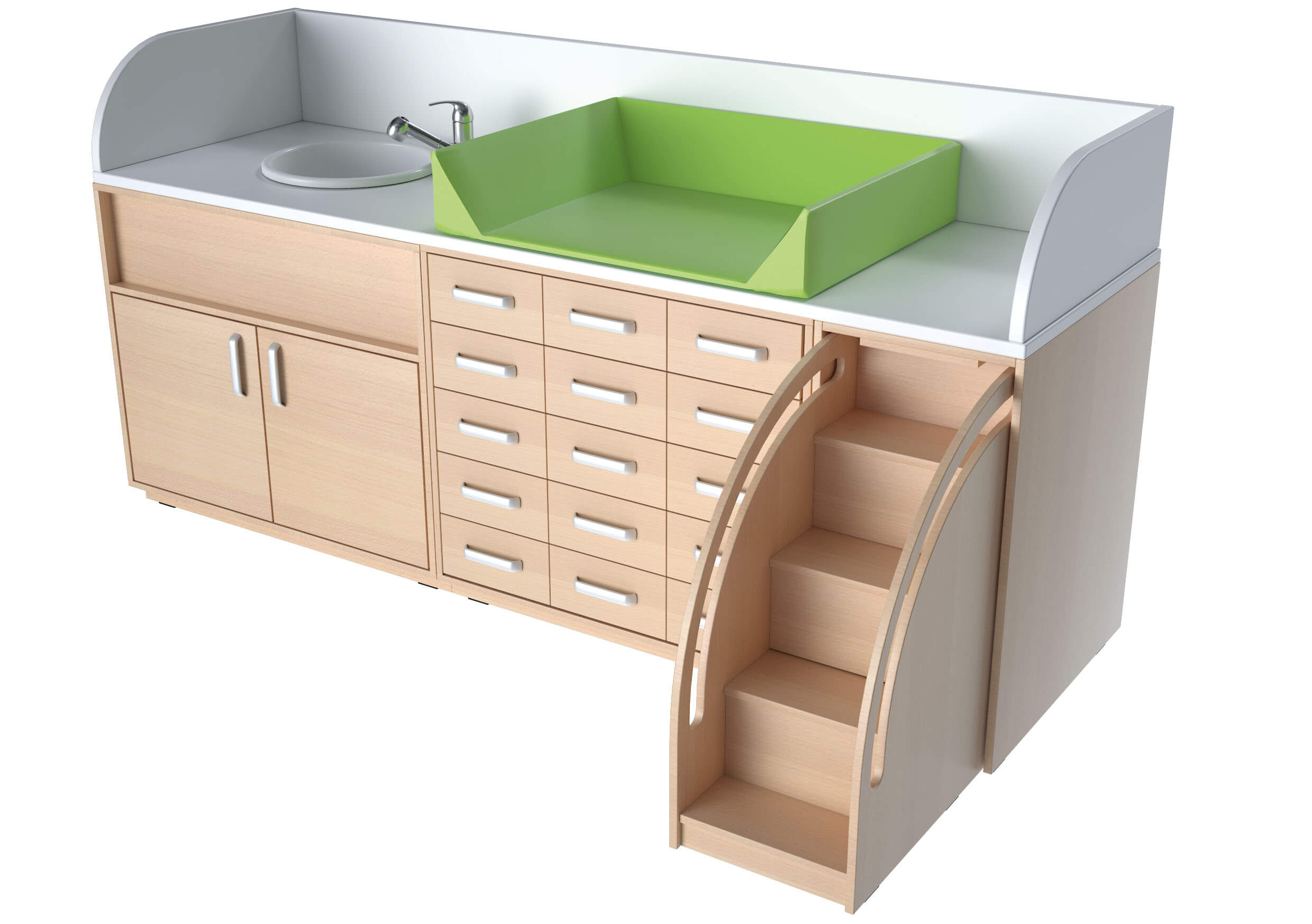 Wickelkommoden-Landschaft XXL mit Treppe und Waschbecken/Badewanne. Geeignet für die Krippe, Kita & Kindergarten.