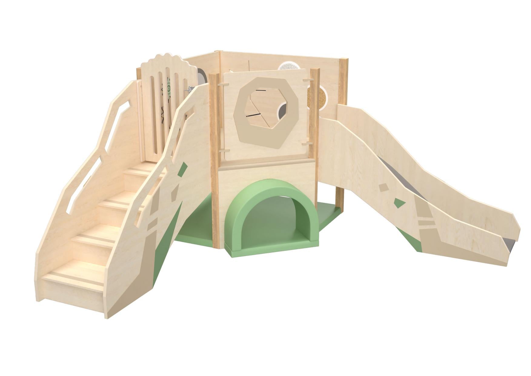 Sensorische Spielecke auf Hochebene mit Tunnel und Rutsche.