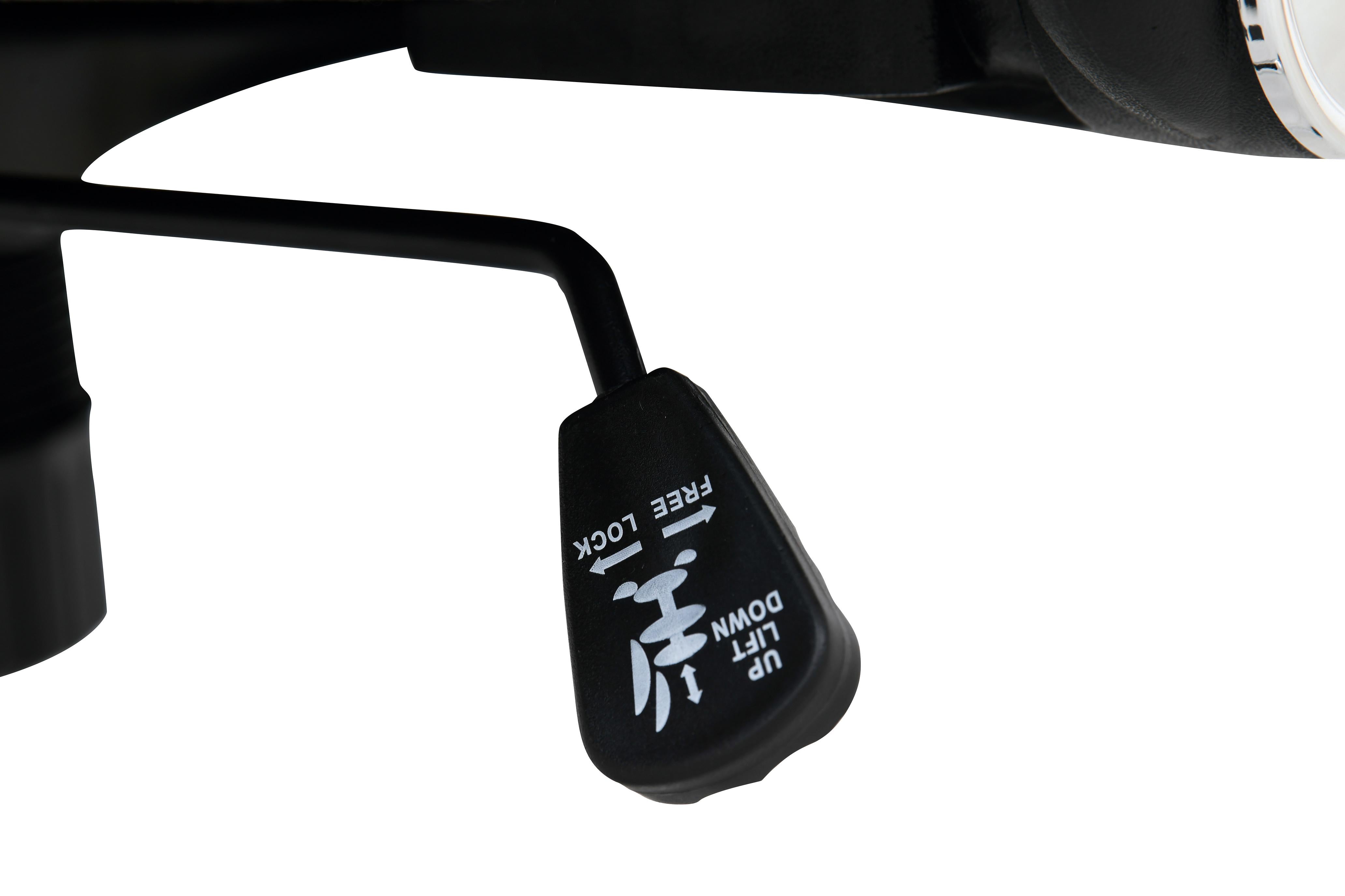 Drehstuhlverstellung mit Beschriftungen zum Anheben und Verriegeln.