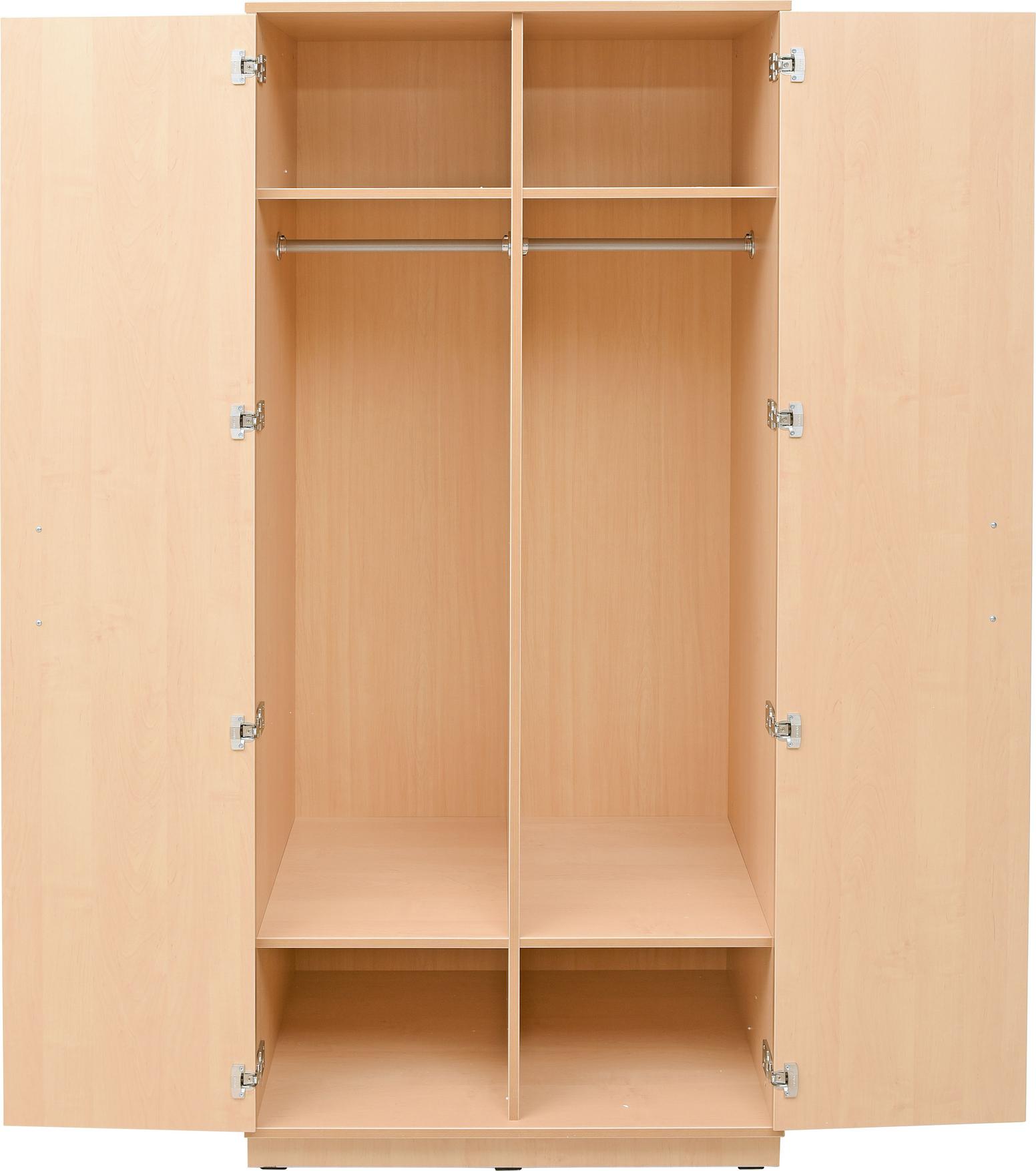 Flexi Kleiderschrank 1 – Offene Ansicht mit Ablagen.