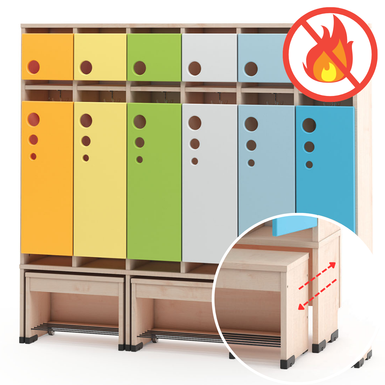 Garderobe Bubble-serie met uittrekbare bank, brandvertragend configureerbaar - verschillende kleuren en maten