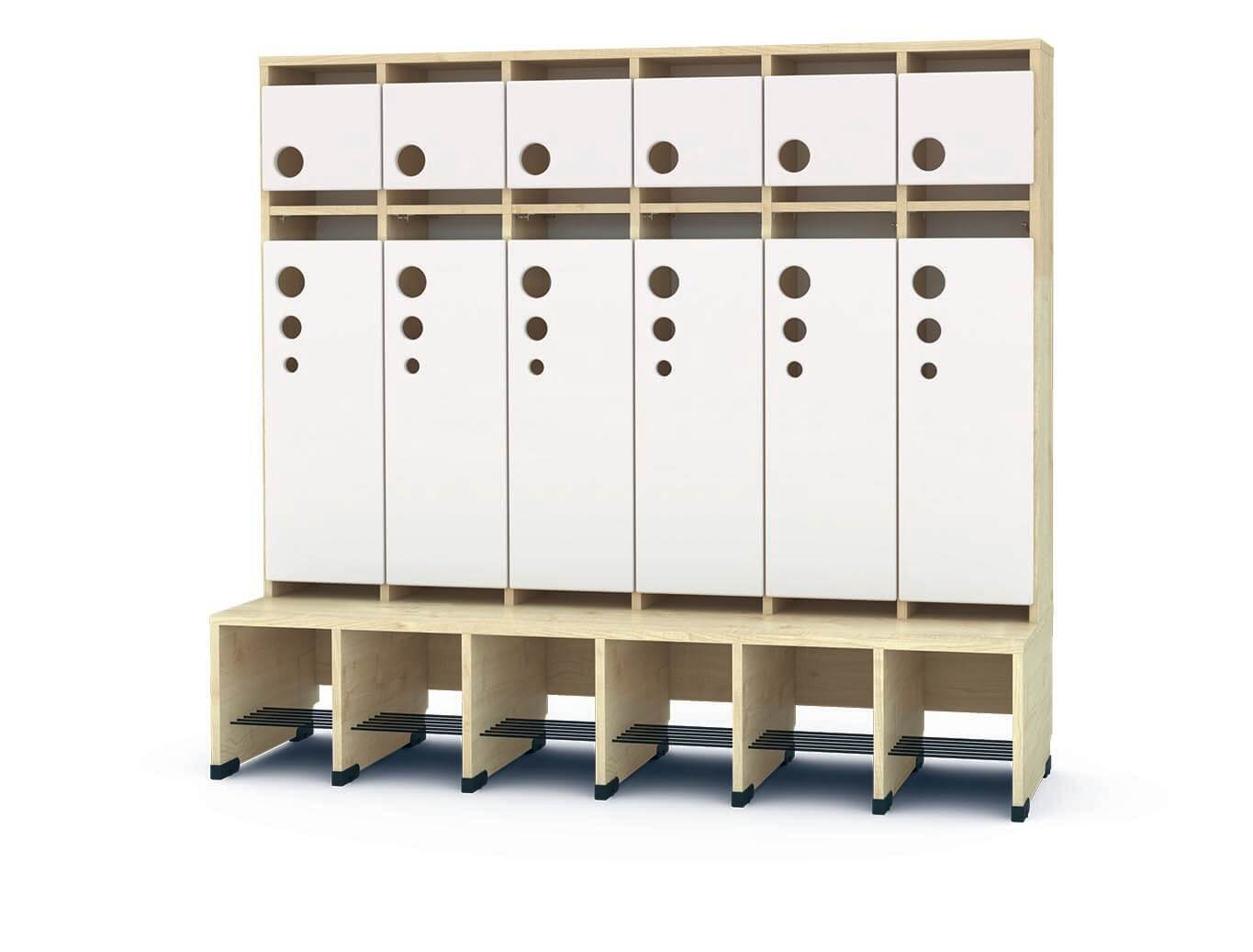 Garderobe Bubble-Serie mit Bank, Konfigurierbar - versch. Farben. Geeignet für Kita, Kindergarten und Schule.
