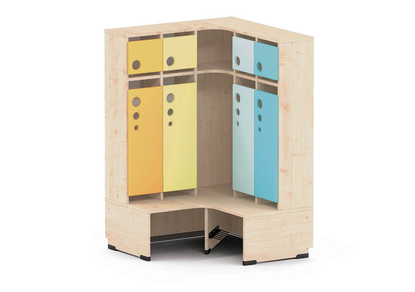Garderobe Bubble-Serie mit Bank, Konfigurierbar - versch. Farben. Geeignet für Kita, Kindergarten und Schule.
