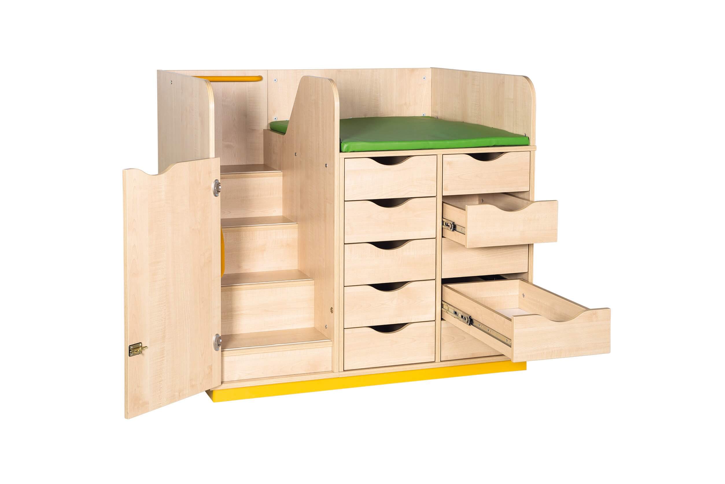 Wickeltisch mit Schubladen und Treppen inkl. Wickelauflage versch. Farben. Geeignet für die Krippe, Kita & Kindergarten.